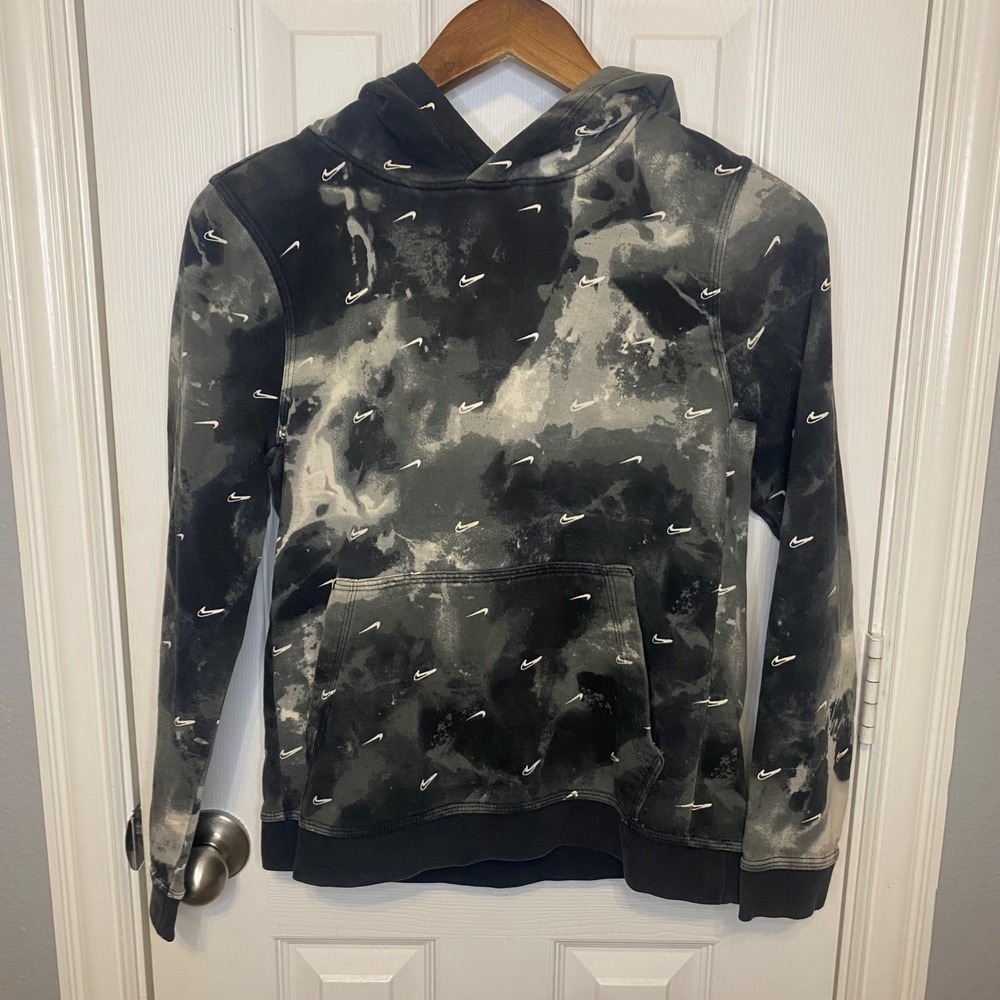 Nike Pullover Boys Large All Over Swoosh‎ Hoodie Black Gray Tie Dye